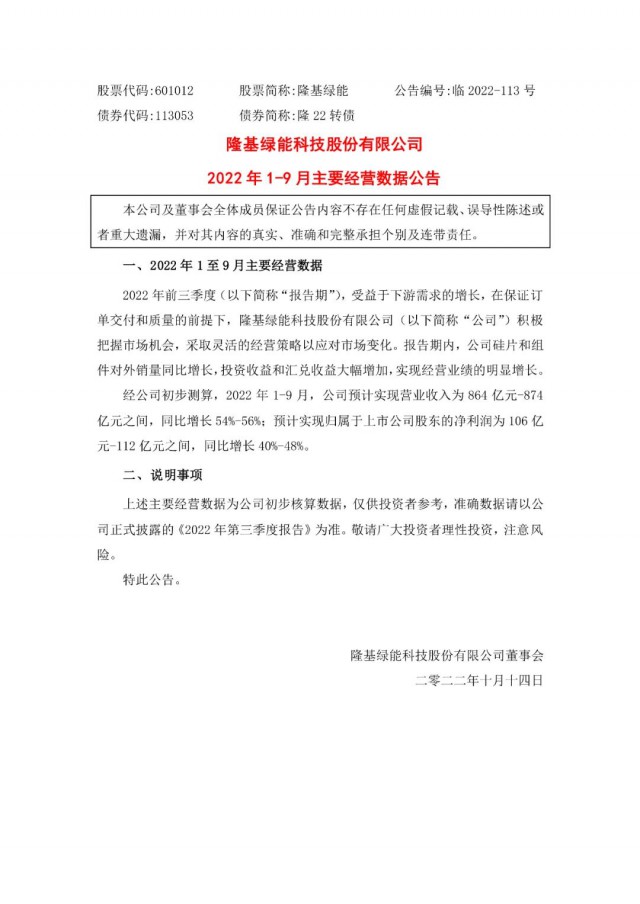 隆基綠能：營(yíng)收或超864億，預(yù)計(jì)前三季凈利或在106億元-112億元之間
