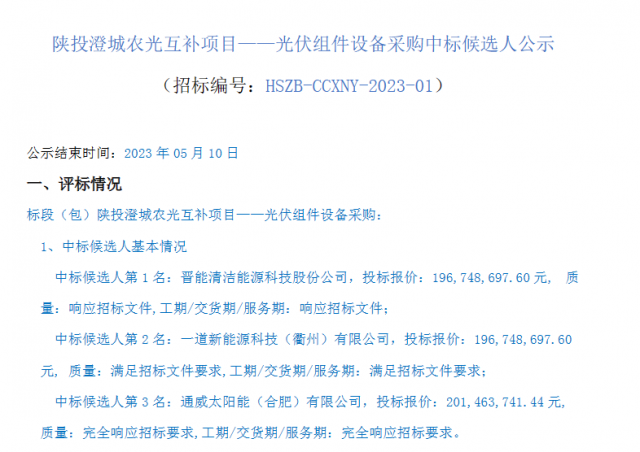 最低1.61元/W！這些企業(yè)擬中標陜投澄城農(nóng)光互補項目組件采購